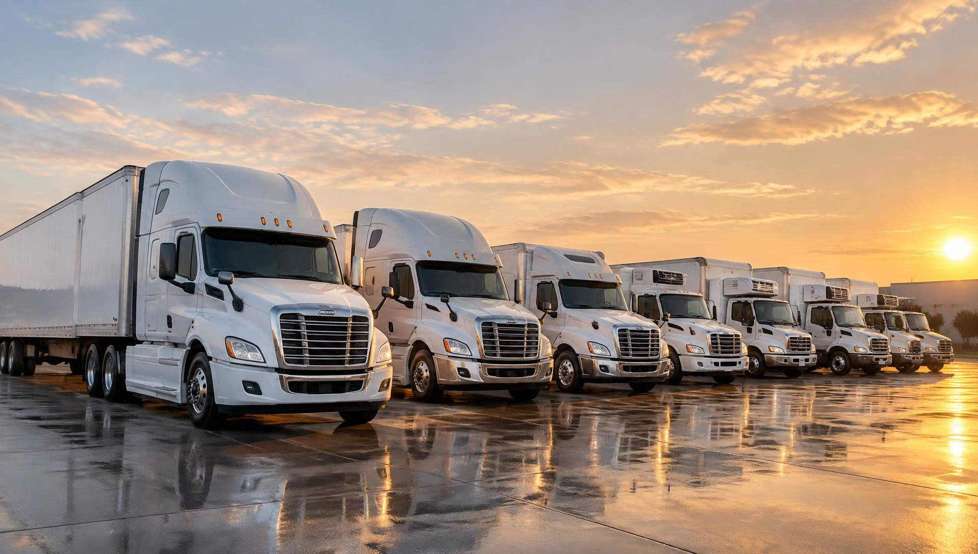 Row of freshly washed white commercial trucks at a fleet yard